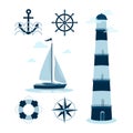 Marine set. Sailing yacht, lighthouse, helm and compass.